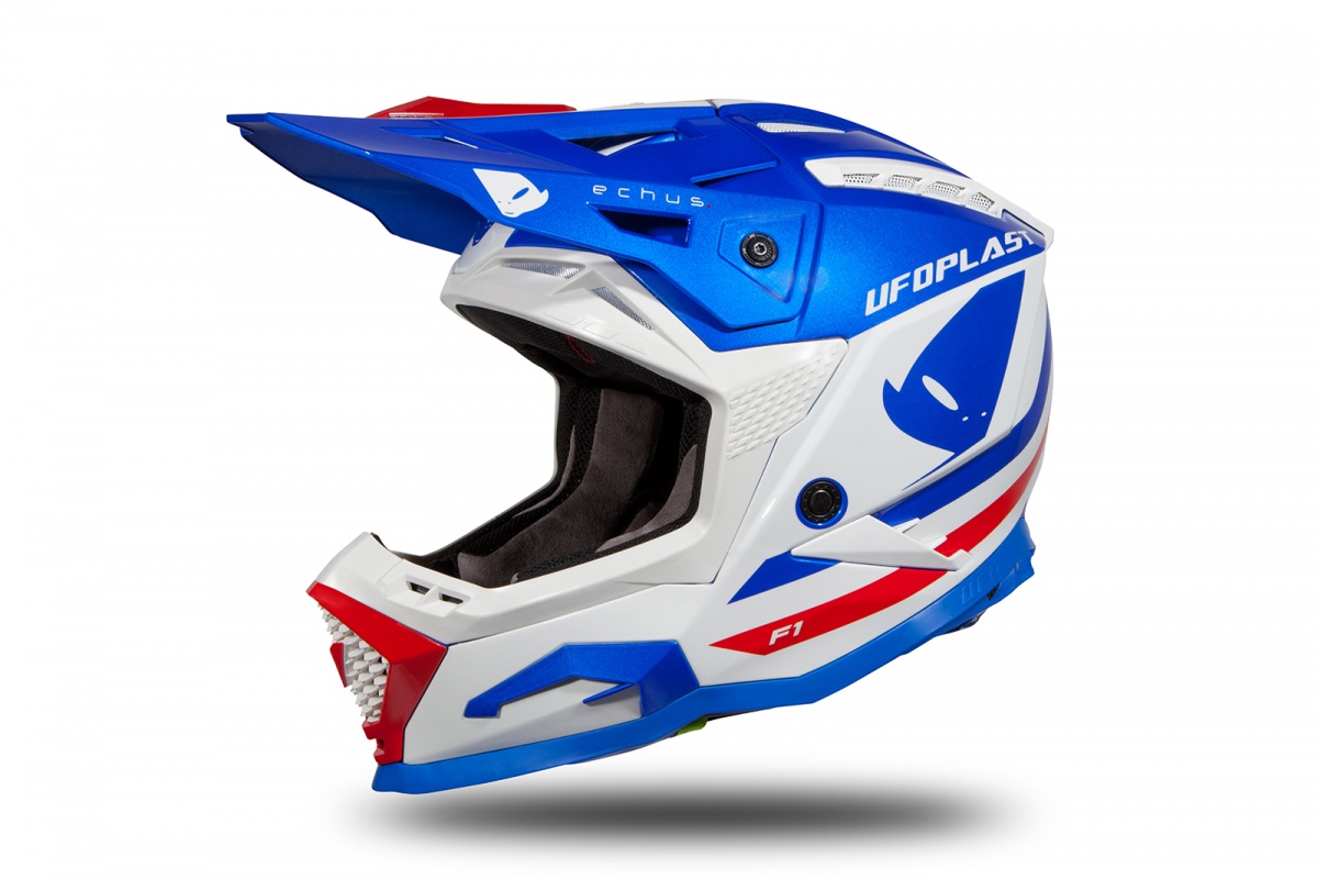 Casco motocross Echus blu, bianco e rosso lucido - Home - HE168 - Ufo Plast