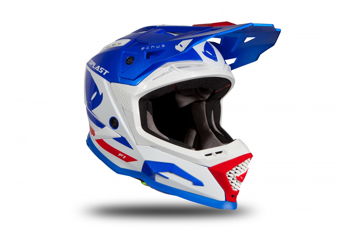 Casco motocross Echus blu, bianco e rosso lucido - Home - HE168 - Ufo Plast