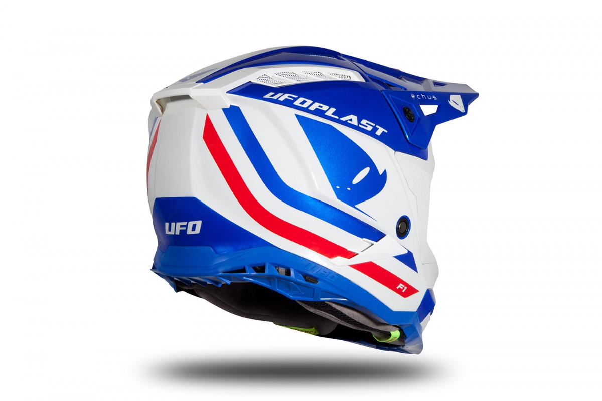 Casco motocross Echus blu, bianco e rosso lucido - Home - HE168 - Ufo Plast