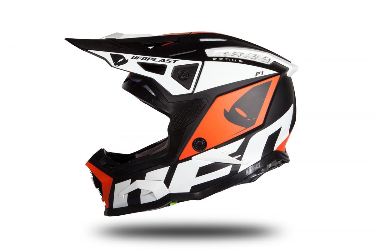 Casco motocross Echus nero, arancione e bianco opaco - NOVITA' - HE171 - Ufo Plast